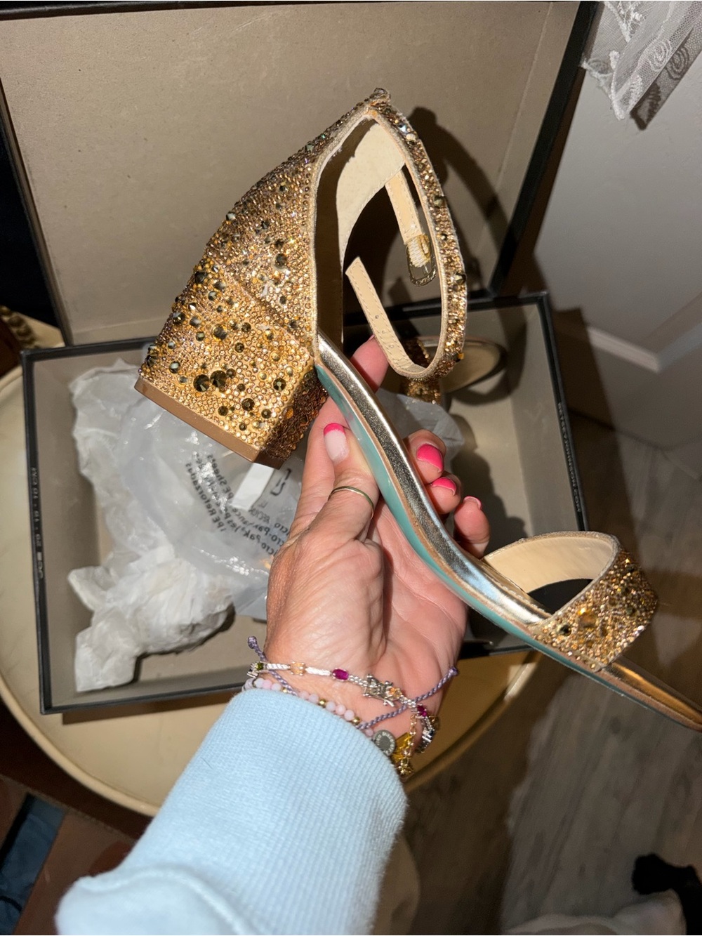 Betsey Johnson Gold Beaded Ankle-Strap Block Heels - Picture 6 of 7